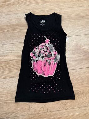 Justice Black Ribbed Tank Top with Pink and Silver Cupcake Graphic